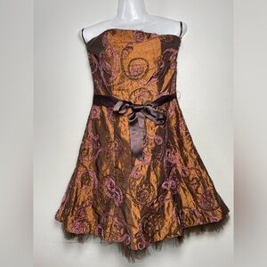 Jessica McClintock Tube dress brown metallic Regency corset tulle Women 6 Y2K